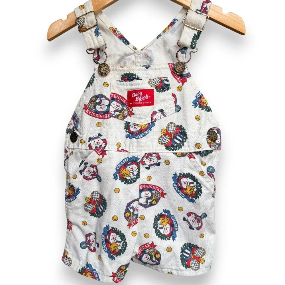 Vintage OshKosh Baby B'Gosh Overalls 80s Tennis Dog Print 18 Month Shortalls